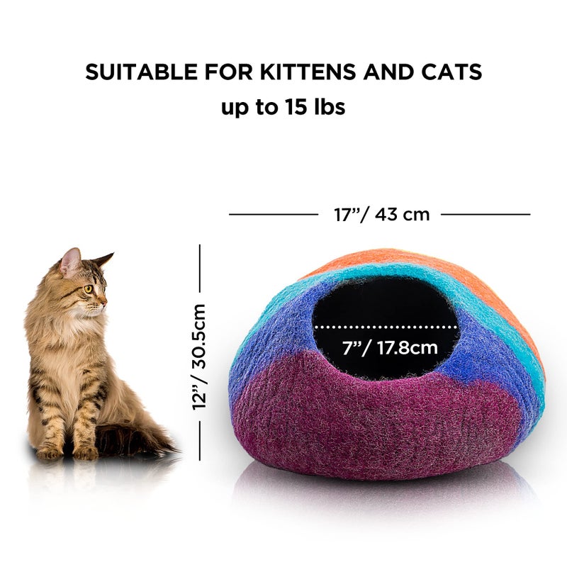 Woolygon Premium Felt Cat Cave Bed â€“ Wool Kitty Beds Handcrafted Kitten Caves Bed for Indoor Cats - Made from Merino Wool, Foldable Cat Hideaway Covered Cat House Pod (Rainbow Twist) - Image 2