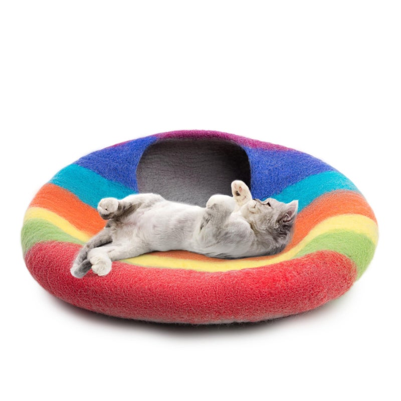 Woolygon Premium Felt Cat Cave Bed â€“ Wool Kitty Beds Handcrafted Kitten Caves Bed for Indoor Cats - Made from Merino Wool, Foldable Cat Hideaway Covered Cat House Pod (Rainbow Twist) - Image 3