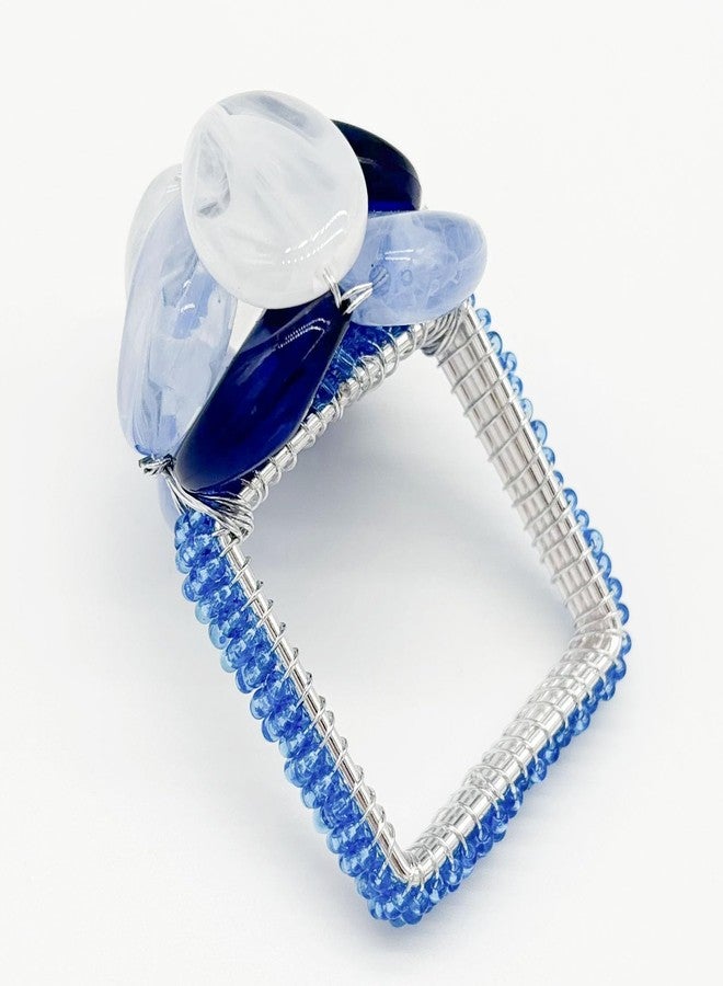 Bryonia Beaded Pebble Stone Napkin Rings – Handcrafted Acrylic Holders with Natural Coastal Look – Elegant Table Decor for Modern, Spring, Summer, Wedding, or Gift for Mom - Set of 4, Blue - Image 1