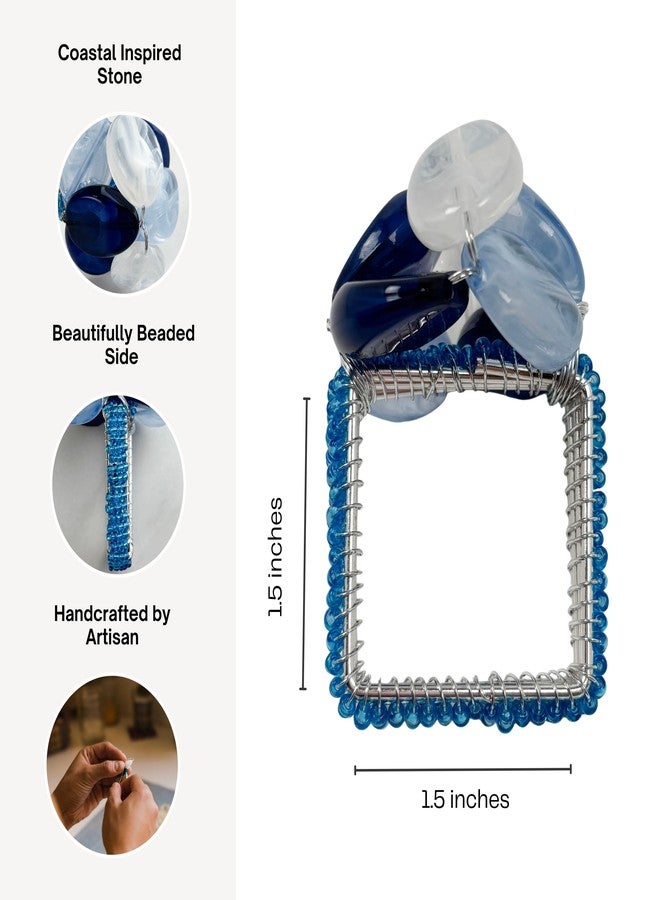 Bryonia Beaded Pebble Stone Napkin Rings – Handcrafted Acrylic Holders with Natural Coastal Look – Elegant Table Decor for Modern, Spring, Summer, Wedding, or Gift for Mom - Set of 4, Blue - Image 3