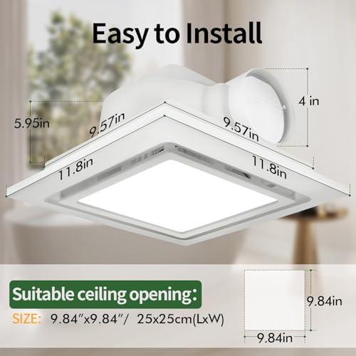 TEPU Bathroom Exhaust Fan with Light 144 CFM, 11.8In Grille, Housing 9.8" x 9.8", Duct 4 Inch, 1.0 Sone Quiet Bath Ceiling Vent Fan Combo with 6500K 1200LM LED Light, for Bathroom, Laundry, Shower - Image 3