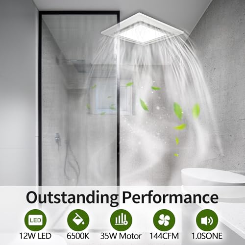 TEPU Bathroom Exhaust Fan with Light 144 CFM, 11.8In Grille, Housing 9.8" x 9.8", Duct 4 Inch, 1.0 Sone Quiet Bath Ceiling Vent Fan Combo with 6500K 1200LM LED Light, for Bathroom, Laundry, Shower - Image 4