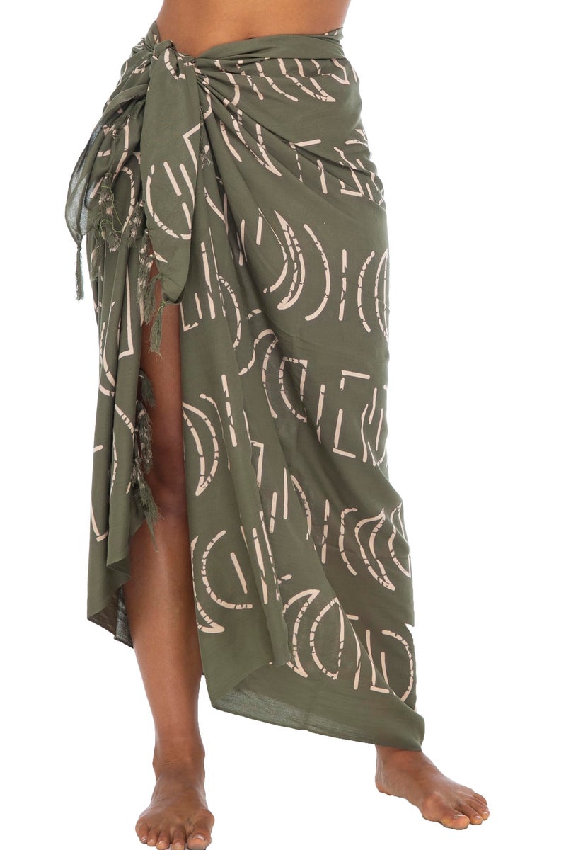 Back From Bali Womens Print Khaki Green Sarong Coverup Swimsuit Pareo with Boho Fringe & Coconut Clip - Wrap Skirt or Beach Shawl - Image 1