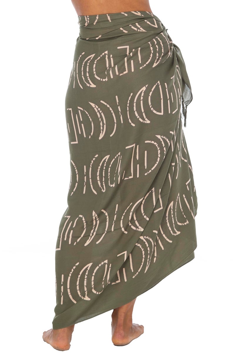 Back From Bali Womens Print Khaki Green Sarong Coverup Swimsuit Pareo with Boho Fringe & Coconut Clip - Wrap Skirt or Beach Shawl - Image 2