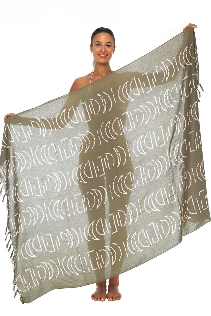 Back From Bali Womens Print Khaki Green Sarong Coverup Swimsuit Pareo with Boho Fringe & Coconut Clip - Wrap Skirt or Beach Shawl - Image 3