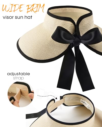 Camptrace Sun Visors for Women Wide Brim Beach Hat Foldable Straw Visor Hat Ponytail Summer Packable UPF 50+ Beige - Image 5