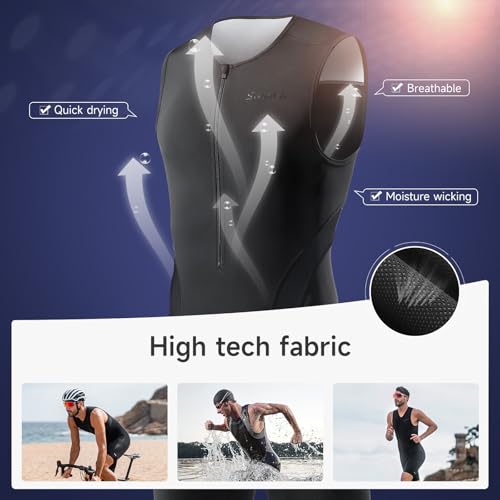 Santic بدلة ثلاثية الرياضات للرجال من سانتيك بدون أكمام مع وسادة سريعة الجفاف للسباحة وركوب الدراجات والجري مع جيوب، أسود، L - Image 4