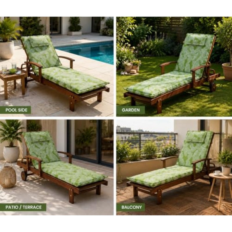 Modern Wooden Sun Lounger Chair with Green Leaf Cushion Outdoor Recliner Day Bed with Side Tray for Garden, Pool and Balcony - Image 5