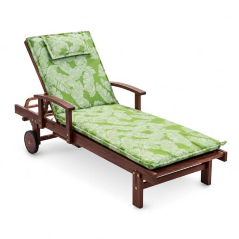 Modern Wooden Sun Lounger Chair with Green Leaf Cushion Outdoor Recliner Day Bed with Side Tray for Garden, Pool and Balcony - Image 1