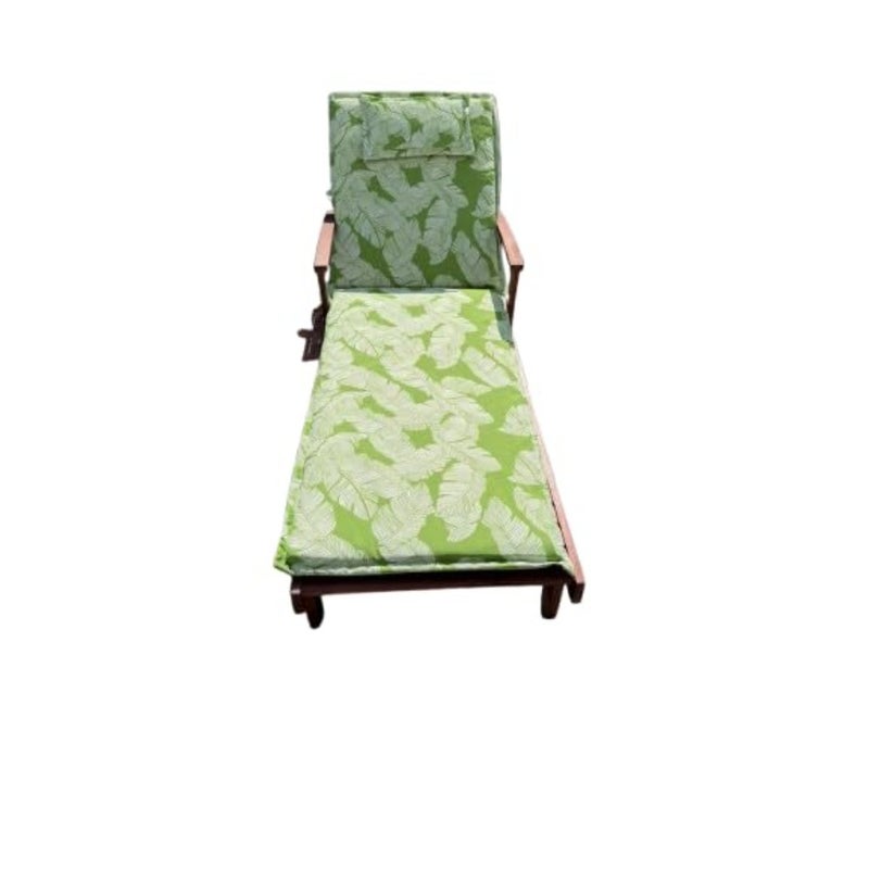 Modern Wooden Sun Lounger Chair with Green Leaf Cushion Outdoor Recliner Day Bed with Side Tray for Garden, Pool and Balcony - Image 3