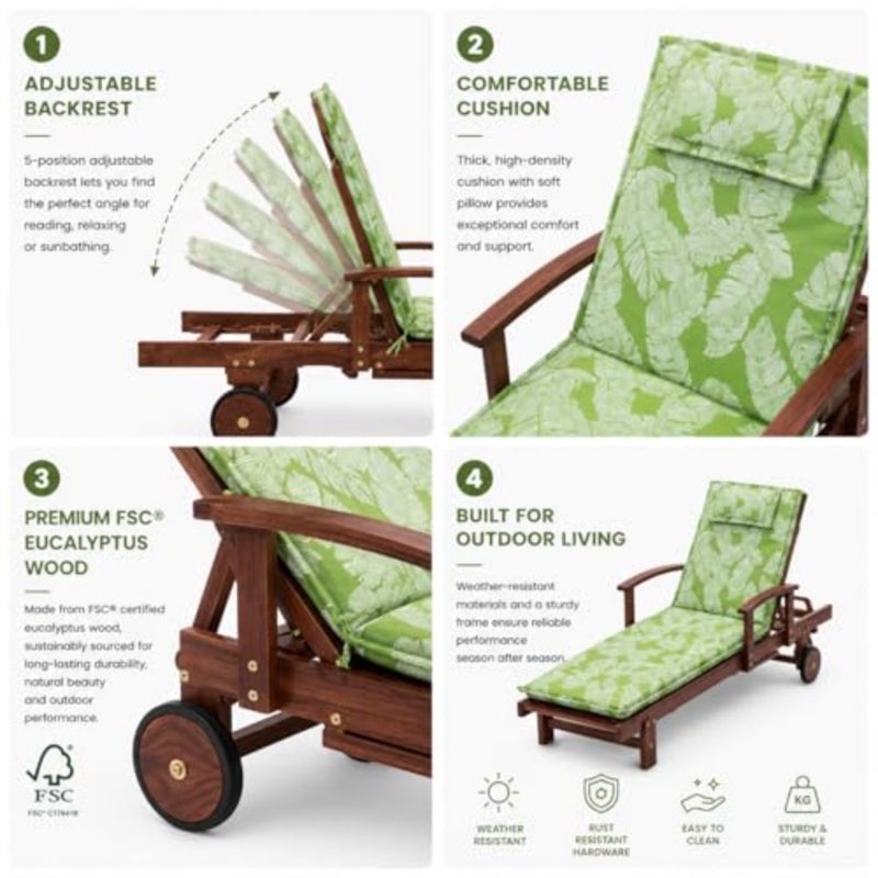 Modern Wooden Sun Lounger Chair with Green Leaf Cushion Outdoor Recliner Day Bed with Side Tray for Garden, Pool and Balcony - Image 4