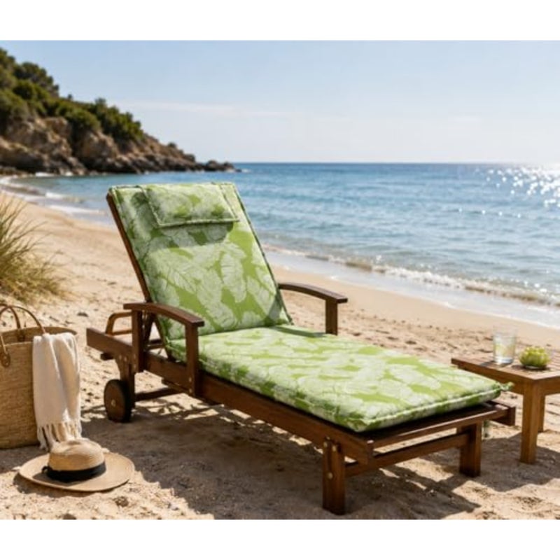 Modern Wooden Sun Lounger Chair with Green Leaf Cushion Outdoor Recliner Day Bed with Side Tray for Garden, Pool and Balcony - Image 2