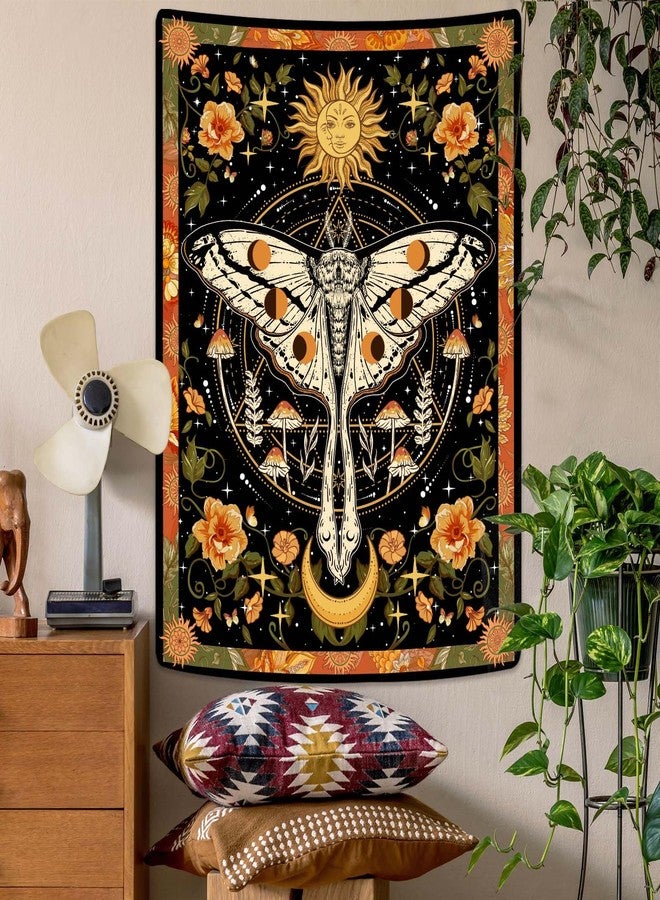 Aipon Moth Tapestry Orange Sun and Moon Flower Tapestries Retro Vintage Floral Mushroom Boho Plant Botanical Tapestry for Bedroom Moon Phase Indie Hippie Aesthetic apestry Wall Hanging Tapestry for - Image 4