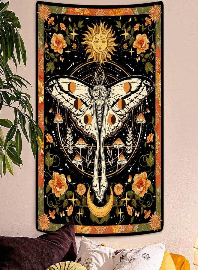 Aipon Moth Tapestry Orange Sun and Moon Flower Tapestries Retro Vintage Floral Mushroom Boho Plant Botanical Tapestry for Bedroom Moon Phase Indie Hippie Aesthetic apestry Wall Hanging Tapestry for - Image 2