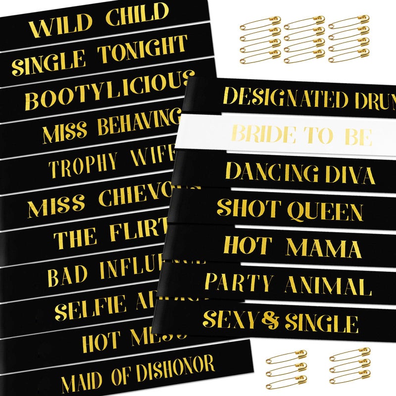 KICOSY 18 Piece Bachelorette Party Sashes Set - 1 White Bride Sash & 17 Black Bridesmaid Sashes with Gold Lettering, Pre - Wedding Bridal Shower Favors - Image 1