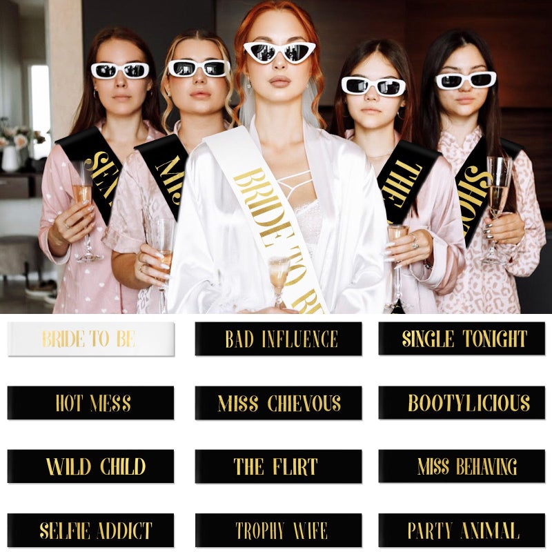 KICOSY 18 Piece Bachelorette Party Sashes Set - 1 White Bride Sash & 17 Black Bridesmaid Sashes with Gold Lettering, Pre - Wedding Bridal Shower Favors - Image 2