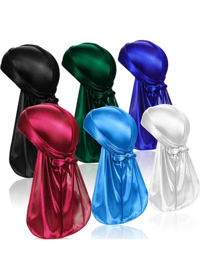ASKNOTO 6 Pcs Silky Durag Headwraps Dorag for Men Women Waves, Durags Pack with Long Tail and Wide Straps, 6 Colors - Image 1