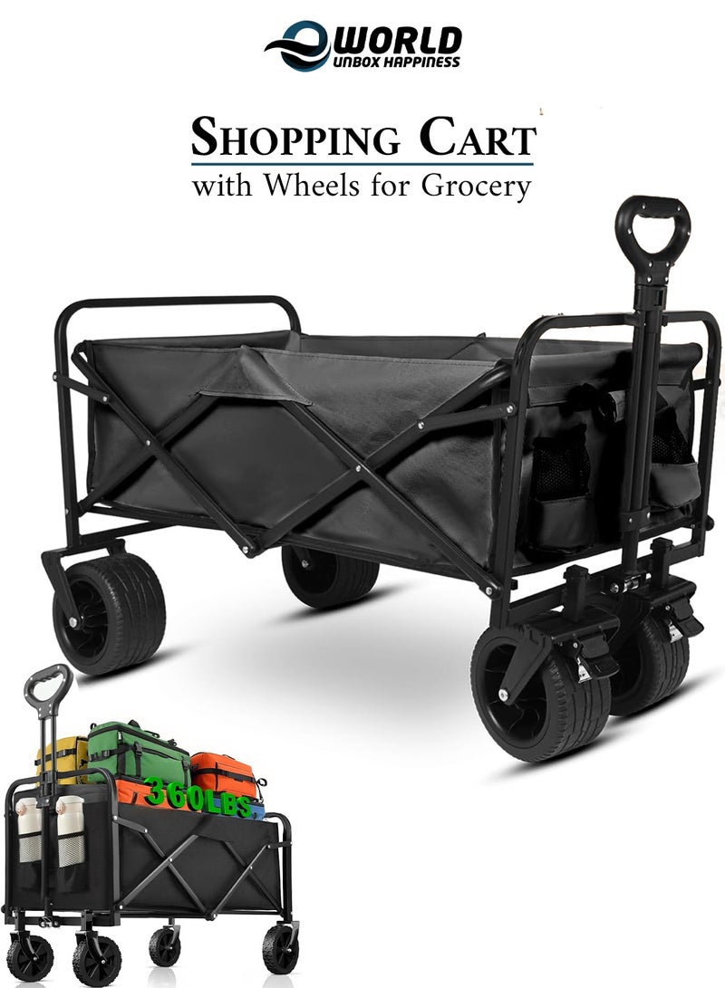 إي وورلد عربة تسوق قابلة للطي – عربة متعددة الاستخدامات شديدة التحمل بسعة 360 رطلاً، مع مقبض قابل للتعديل، وجيبين، وعجلات دوارة بزاوية 360°، قماش مقاوم للماء، مدمجة للبحر، والتخييم، والحديقة، والاستخدام اليومي – اللون الأسود - Image 1