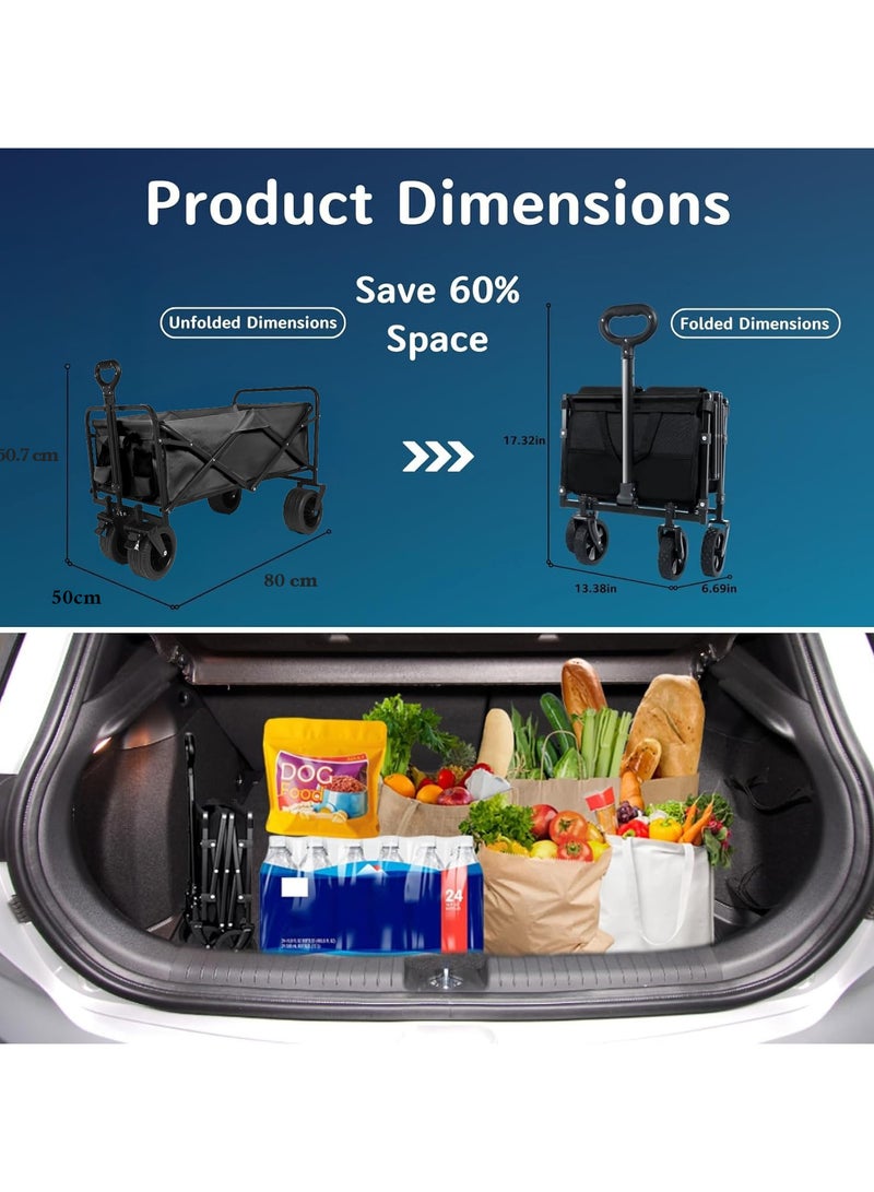 إي وورلد عربة تسوق قابلة للطي – عربة متعددة الاستخدامات شديدة التحمل بسعة 360 رطلاً، مع مقبض قابل للتعديل، وجيبين، وعجلات دوارة بزاوية 360°، قماش مقاوم للماء، مدمجة للبحر، والتخييم، والحديقة، والاستخدام اليومي – اللون الأسود - Image 2