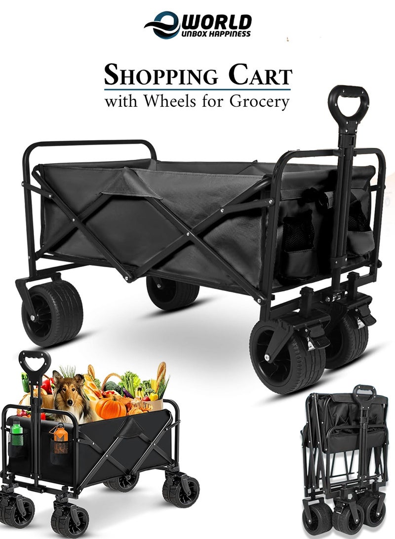 Eworld Foldable Shopping Cart – Heavy-Duty 360 lbs Utility Trolley with Adjustable Handle, 2 Pockets & 360° Wheels, Waterproof Fabric, Compact for Beach, Camping, Outdoor Garden Cart & Daily Use – Black - Image 1
