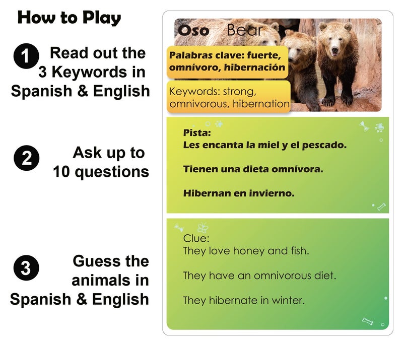 1step2dream Spanish Animal Guessing Card Games for Kids | Fun Educational Family Activities | Bilingual Stocking Stuffer, Travel Friendly Learning Board Games - Image 3