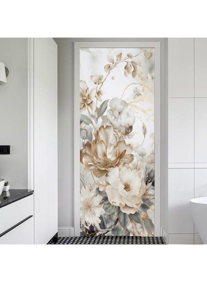 REDAMANCY Vintage White Grey Peony Florals Peel and Stick Door Stickers Vinyl Mural Decals Decor Modern Wallpaper Self-Adhesive, Waterproof, Removable - Image 1