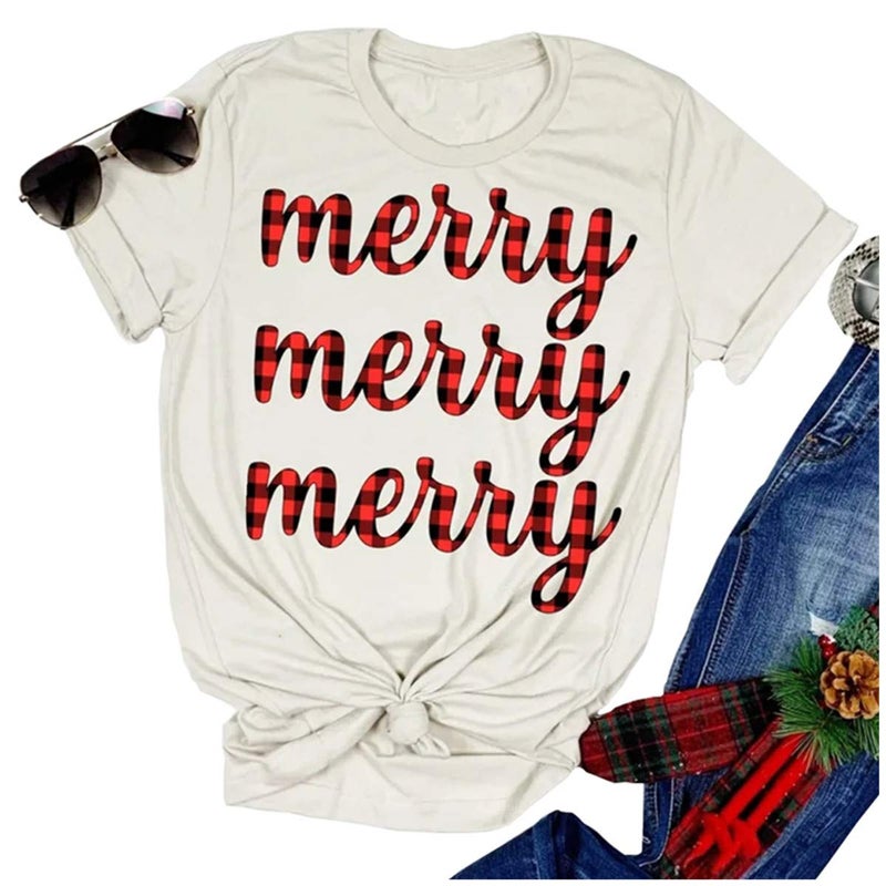 Beopjesk Women's Buffalo Plaid Tees Casual Short Sleeve Merry Letter Printed Graphic Blouse Tops (L, X-Beige) - Image 5