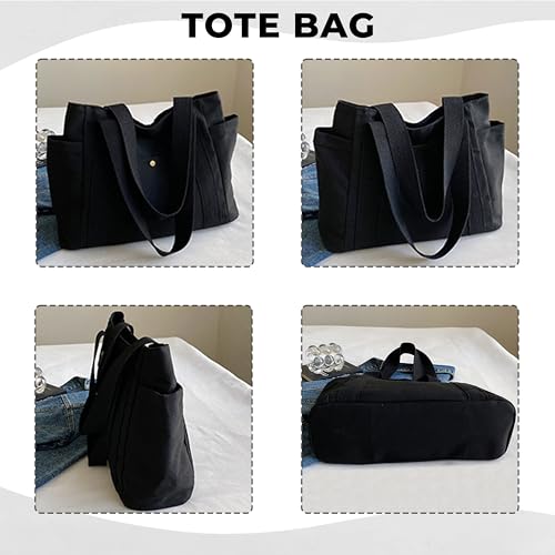 Kraptick Canvas Tote Bags – Stylish Shoulder Tote Bag Everyday Use For Women, Reusable Compact Tote Bag Perfect as a Grocery, Shopping Bags for Grocery - (Black Lined) - Image 2