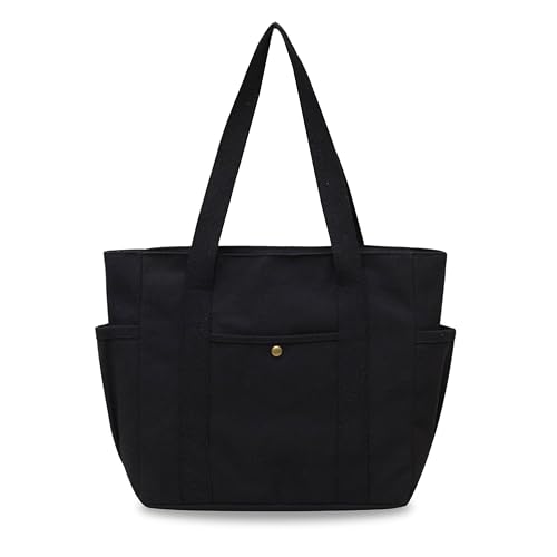 Kraptick Canvas Tote Bags – Stylish Shoulder Tote Bag Everyday Use For Women, Reusable Compact Tote Bag Perfect as a Grocery, Shopping Bags for Grocery - (Black Lined) - Image 1
