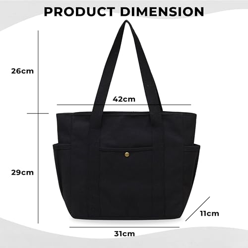 Kraptick Canvas Tote Bags – Stylish Shoulder Tote Bag Everyday Use For Women, Reusable Compact Tote Bag Perfect as a Grocery, Shopping Bags for Grocery - (Black Lined) - Image 3