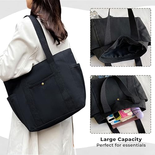 Kraptick Canvas Tote Bags – Stylish Shoulder Tote Bag Everyday Use For Women, Reusable Compact Tote Bag Perfect as a Grocery, Shopping Bags for Grocery - (Black Lined) - Image 5