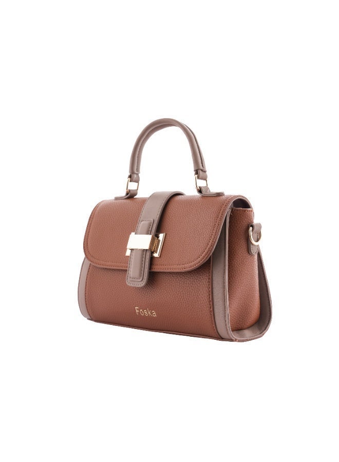فوسكا شنطة كروس وكتف Foska نسائية لون بني أنيق – شنطة يد جلد فاخر بمقبض علوي - Image 2