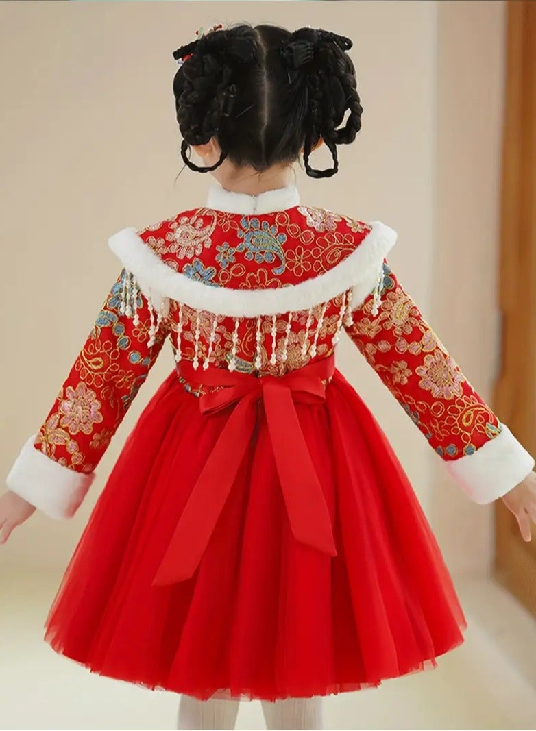 AROAQ Girls Traditional Chinese New Year Dress Winter Warm Fleece Lined Princess Tutu with Tassels Geometric Pattern Zip Closure - Image 2