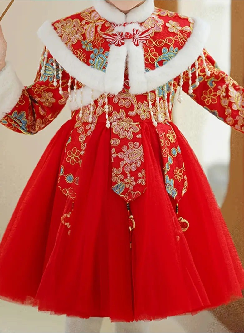 AROAQ Girls Traditional Chinese New Year Dress Winter Warm Fleece Lined Princess Tutu with Tassels Geometric Pattern Zip Closure - Image 3