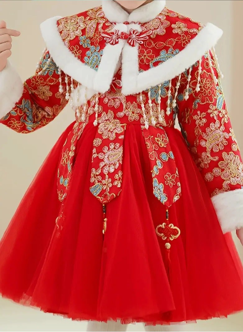 AROAQ Girls Traditional Chinese New Year Dress Winter Warm Fleece Lined Princess Tutu with Tassels Geometric Pattern Zip Closure - Image 4