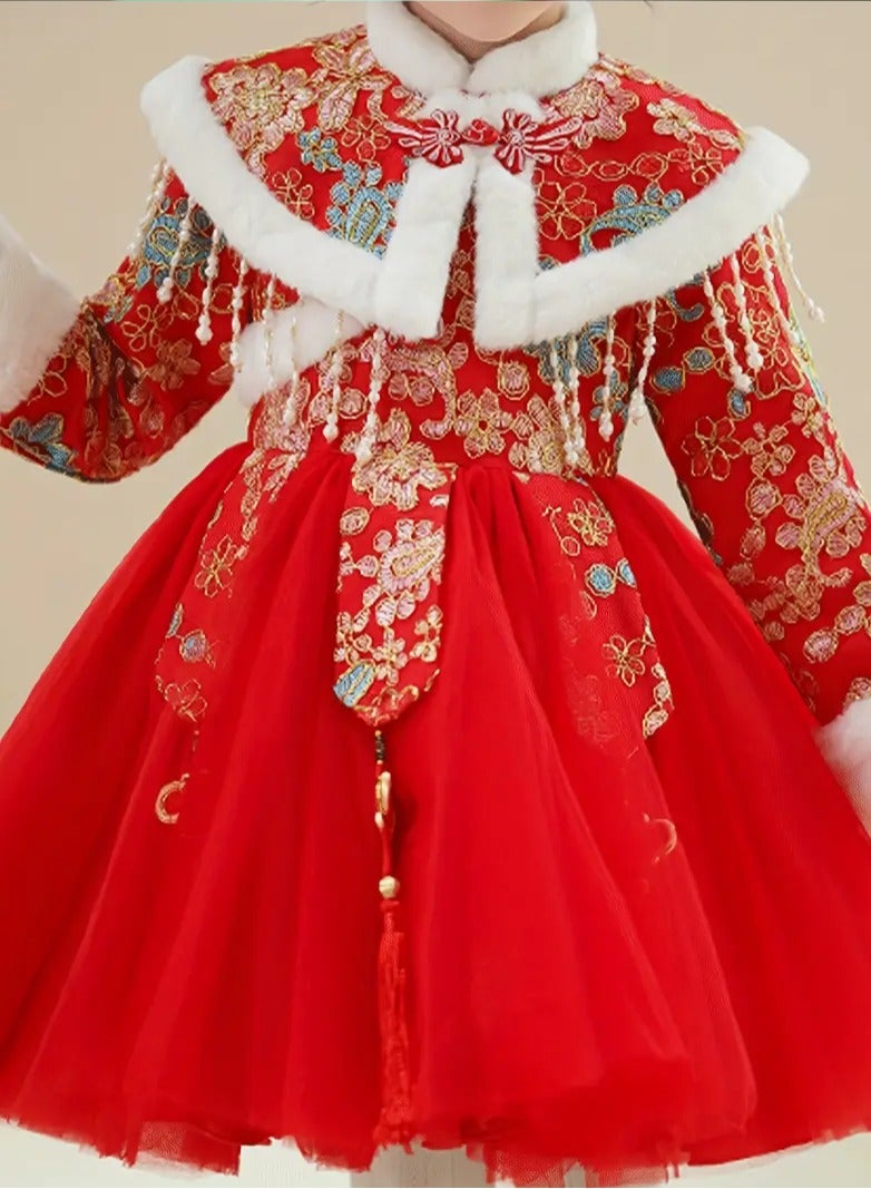 AROAQ Girls Traditional Chinese New Year Dress Winter Warm Fleece Lined Princess Tutu with Tassels Geometric Pattern Zip Closure - Image 1