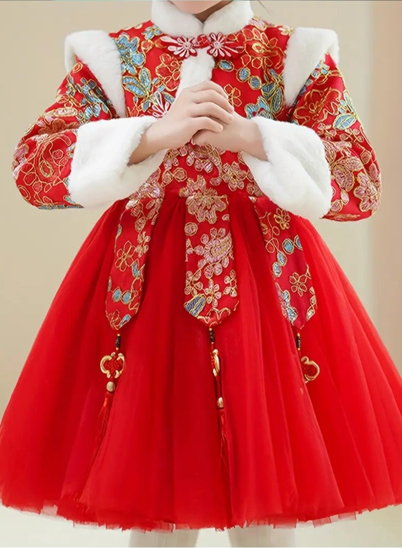 AROAQ Girls Traditional Chinese New Year Dress Winter Warm Fleece Lined Princess Tutu with Tassels Geometric Pattern Zip Closure - Image 5