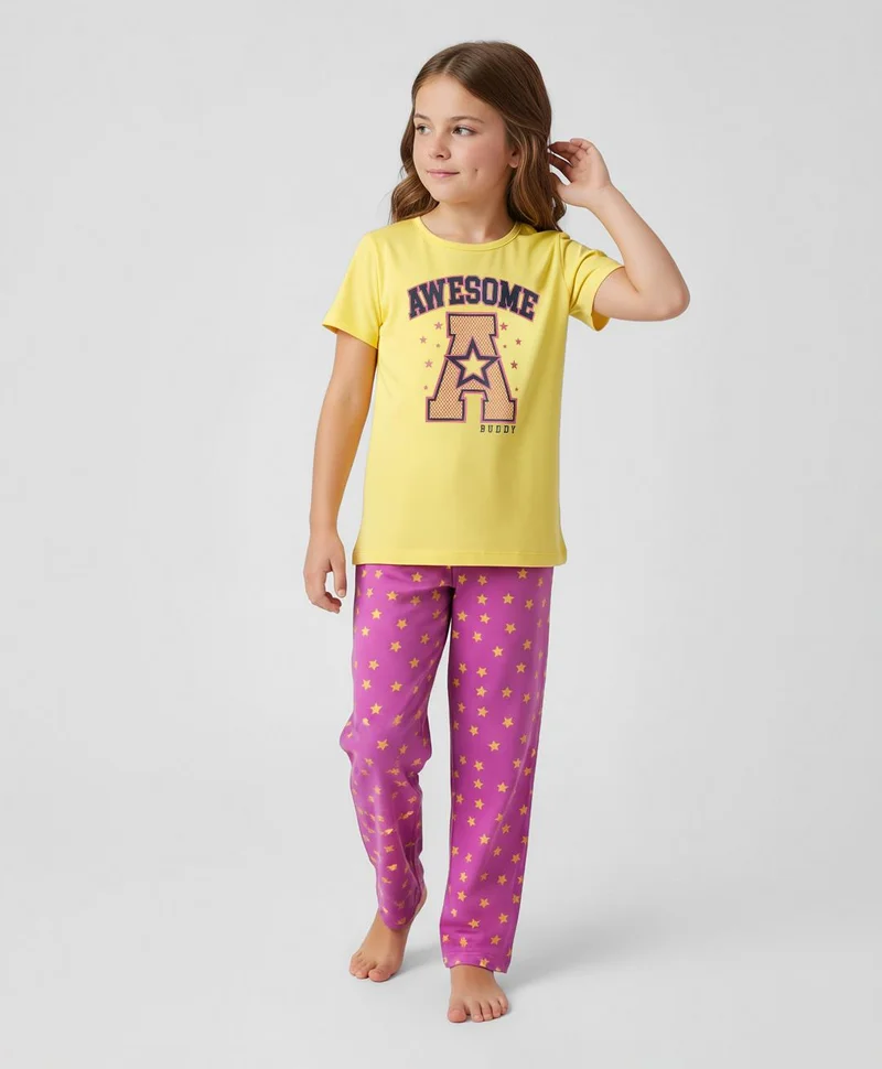 Pine Kids Pine Kids Cotton Knit Short Sleeves Sleep Suit with Stars & Text Print - Lemon Yellow/Dark Pink