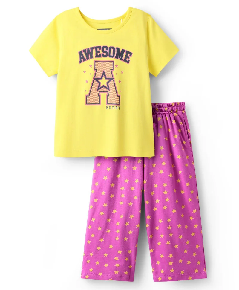 Pine Kids Pine Kids Cotton Knit Short Sleeves Sleep Suit with Stars & Text Print - Lemon Yellow/Dark Pink