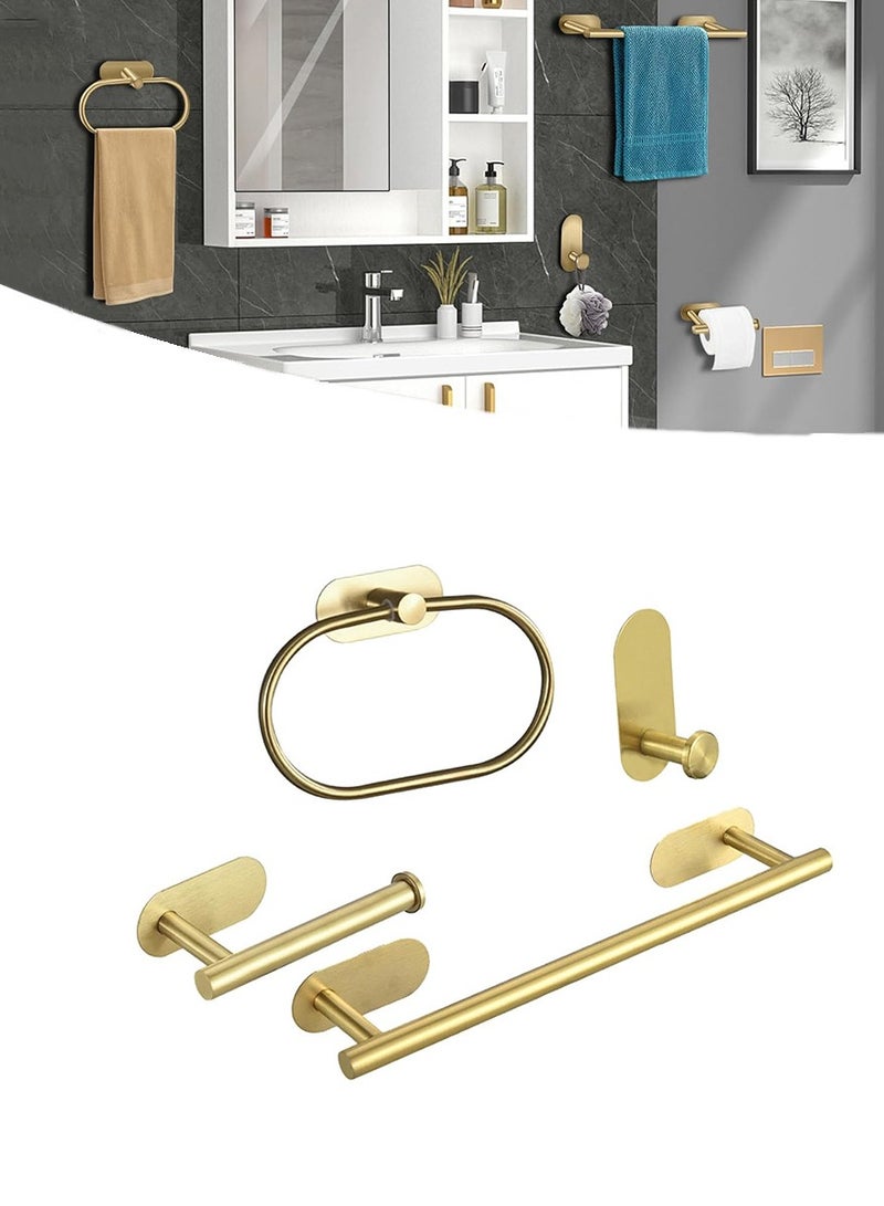 مجموعة إكسسوارات حمام ذهبية مصقولة، قضيب مناشف مثبت على الحائط بدون حفر، مجموعة أدوات حمام متينة من الفولاذ المقاوم للصدأ SUS 304 مكونة من 4 قطع - Image 1