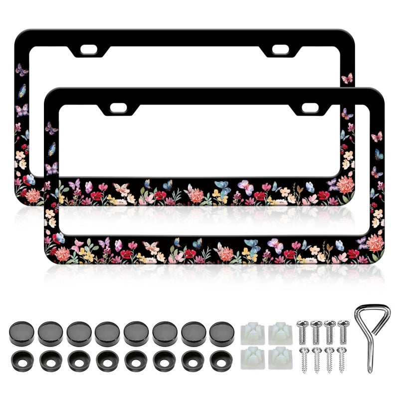 LIN KANG 2PCS Colorful Butterfly Flower License Plate Frame Floral License Plate Holder Universal Aluminum Metal Auto Parts RustProof Waterproof Car Decorative Tag Frames for Standard US 12x6 Inch - Image 3