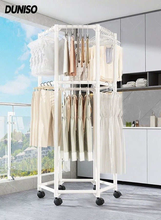 DUNISO Double layer Hexagon Clothes Drying Rack with 6 Wheels , Adjustable Large Clothes Hanger ,Laundry Stand for Indoor Outdoor,Space Saving (White) - Image 1