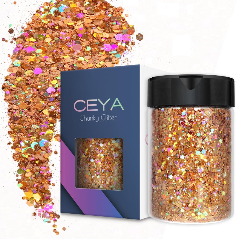 Ceya Holographic Chunky Glitter 49oz 140g Rose Gold Craft Glitter Powder Mixed Chunky Fine Flakes Iridescent Nail Sequins for Nail Hair Epoxy Resin Tumblers Slime Painting Festival Decor