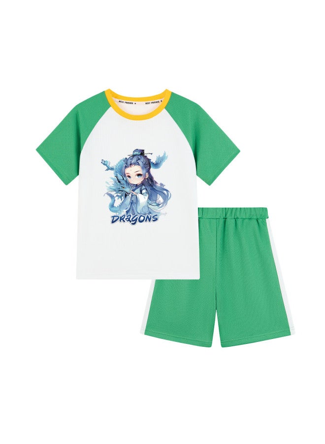 Yuzhaolin Boys' Summer Set, Nezha Clothing, Children's Quick-dry Sportswear, Two-piece Outfit For Older Kids, Short-sleeve Shorts Set, Children's Clothing