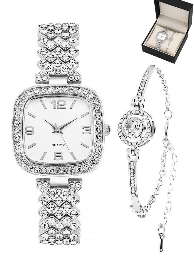 جي دي طقم ساعتين فاخرتين بتصميم مربع مرصعتين بالألماس، ساعة كوارتز نسائية بمينا رقمي روماني، ساعة نسائية مقاومة للماء مع علبة تخزين بتفاصيل مستوحاة من الألماس - Image 1