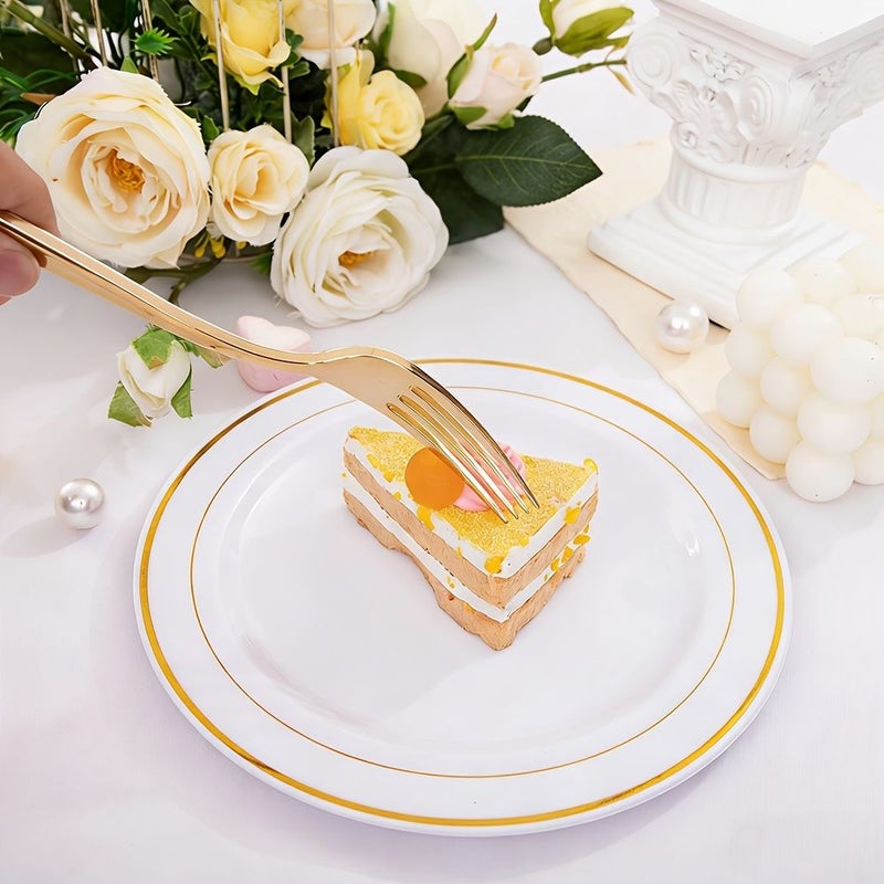 A Set Of 20 Gold Plastic Cutlery Set Including Elegant Dessert Plates With Golden Edges And Forks Sturdy Long Lasting Cutlery Ideal For Birthday Celebrations Wedding Events Welcome Gatherings - Image 2
