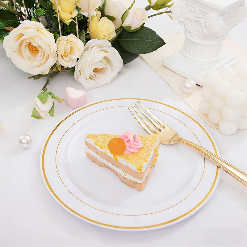 A Set Of 20 Gold Plastic Cutlery Set Including Elegant Dessert Plates With Golden Edges And Forks Sturdy Long Lasting Cutlery Ideal For Birthday Celebrations Wedding Events Welcome Gatherings - Image 4