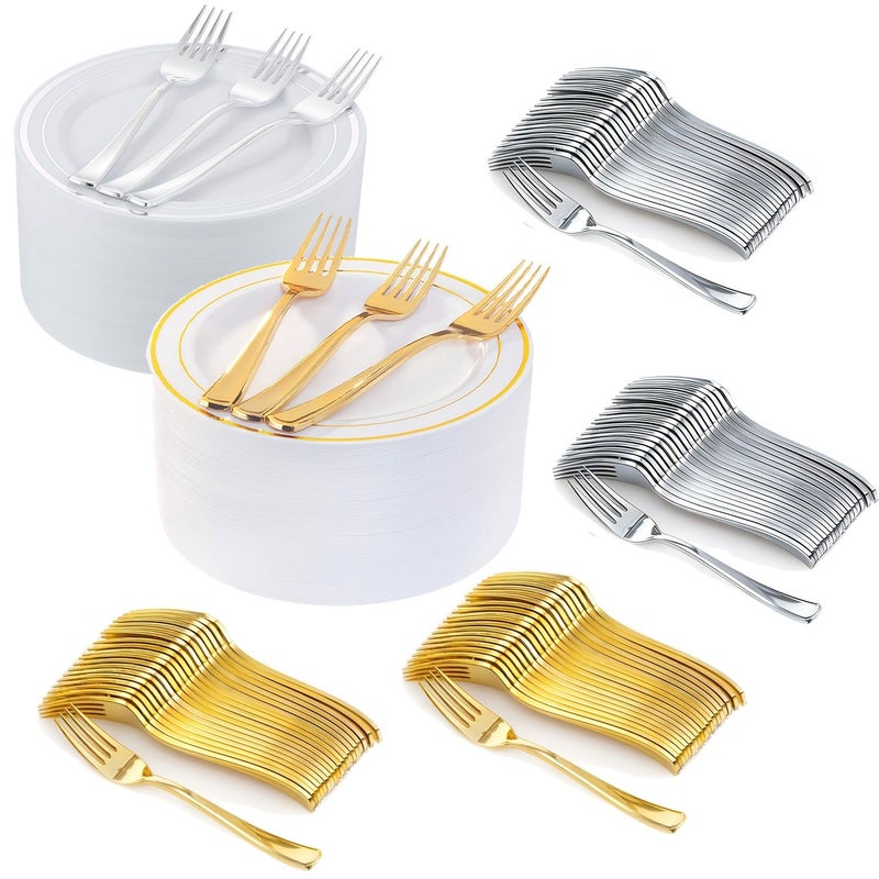 A Set Of 20 Gold Plastic Cutlery Set Including Elegant Dessert Plates With Golden Edges And Forks Sturdy Long Lasting Cutlery Ideal For Birthday Celebrations Wedding Events Welcome Gatherings - Image 1