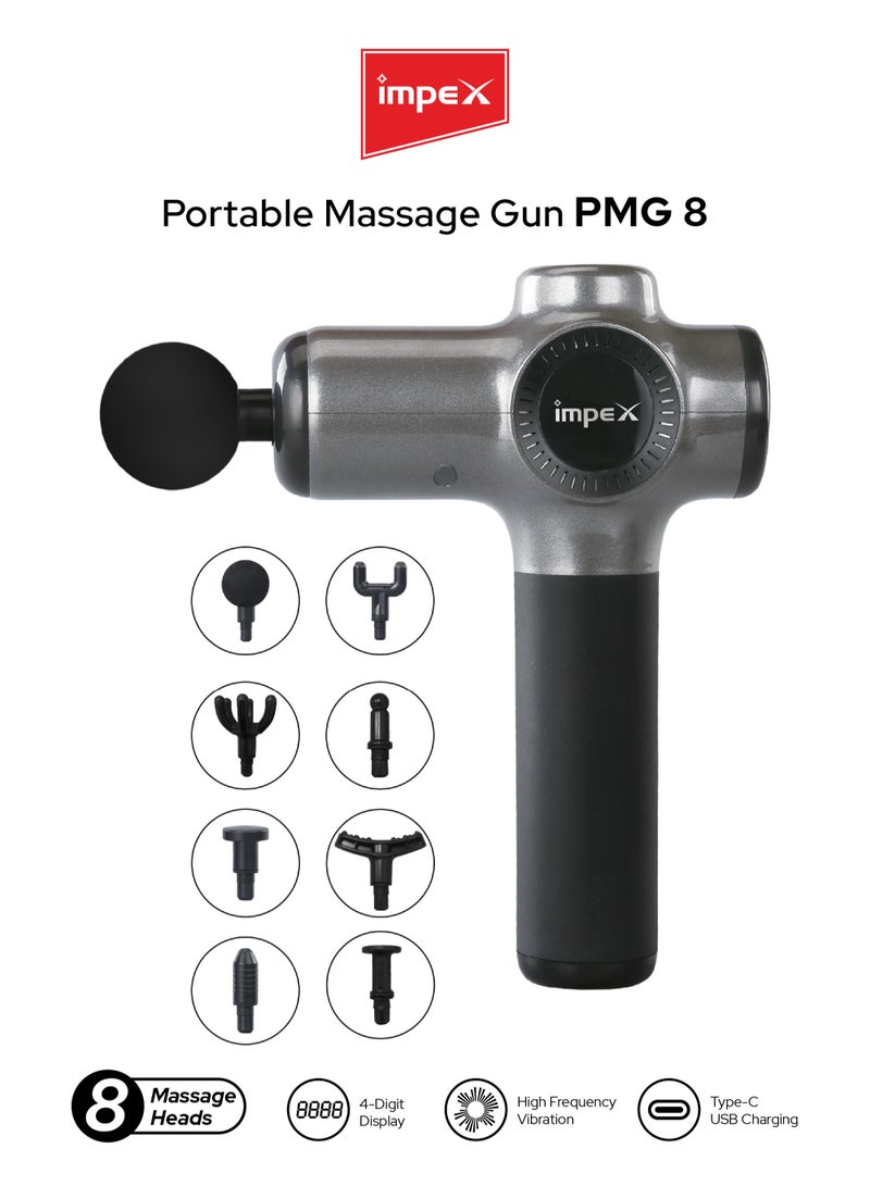 إمبكس جهاز استرخاء محمول بقدرة عالية للعناية بالجسم مع 8 رؤوس متعددة وسرعات قابلة للتعديل، بطارية 1800 مللي أمبير، شاشة رقمية، شحن تايب C – PMG 8 – أسود وفضي - Image 1