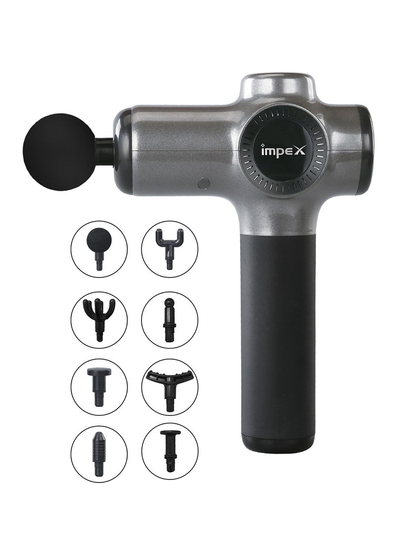 إمبكس جهاز استرخاء محمول بقدرة عالية للعناية بالجسم مع 8 رؤوس متعددة وسرعات قابلة للتعديل، بطارية 1800 مللي أمبير، شاشة رقمية، شحن تايب C – PMG 8 – أسود وفضي - Image 2